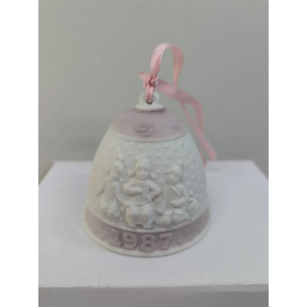 Lladro 1987 PORCELAIN CHRISTMAS BELL Ornament With Pink Ribbon Retired Vintage